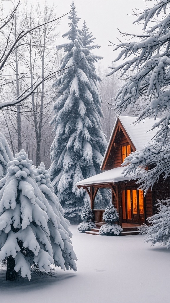A peaceful snowy landscape with a cabin and trees, creating a festive holiday ambiance.